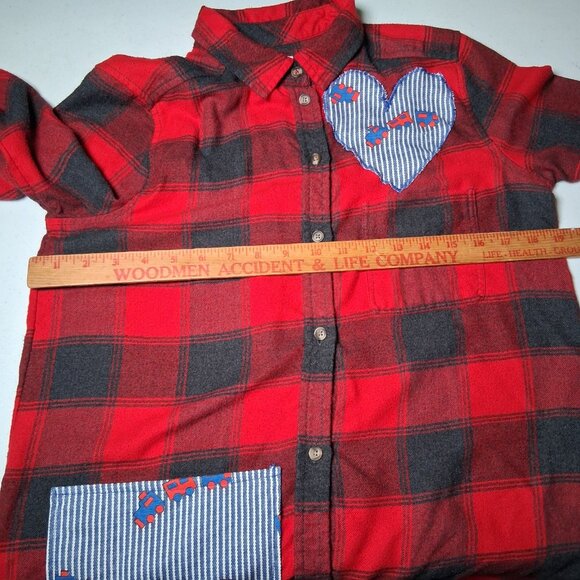 Reworked Flannel Shirt Women Small Red Black Plaid Train Fabric Patches - Picture 6 of 13